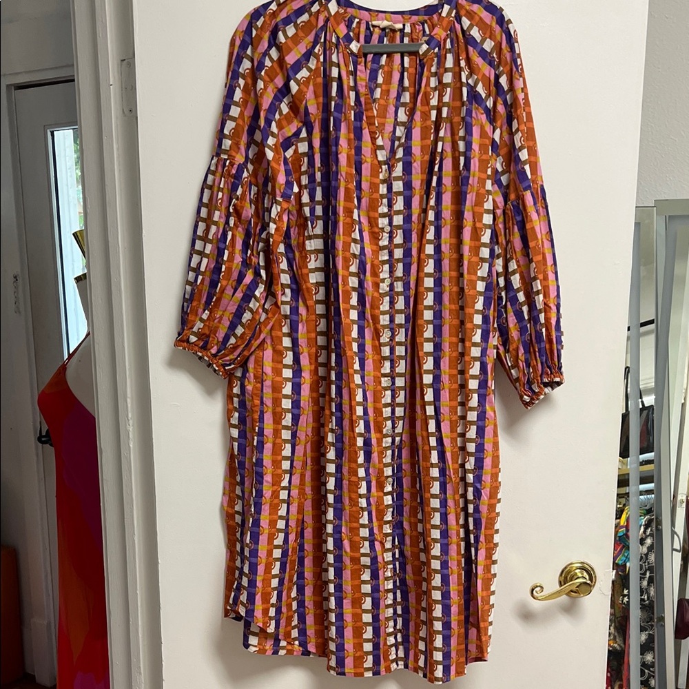 Fragonard Colorful Print 3/4 Sleeve Button Up Cotton Midi Dress Plus Size